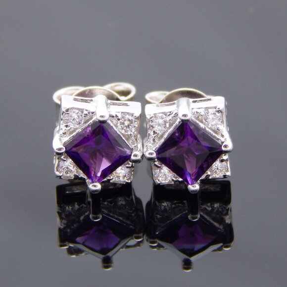 Genuine Amethyst Cushion Cut Earrings in 925 Sterling Silver - Picture 1 of 6